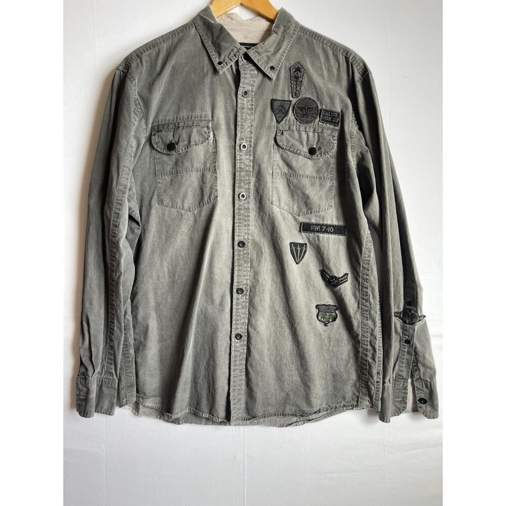 INC Charcoal Washed Cotton Tactical Military Patch Shirt XL